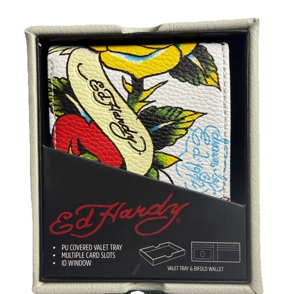 Ed Hardy Men Offwhite Wallet Bi-fold Valet Tray PU Leather My Love True Tattoo